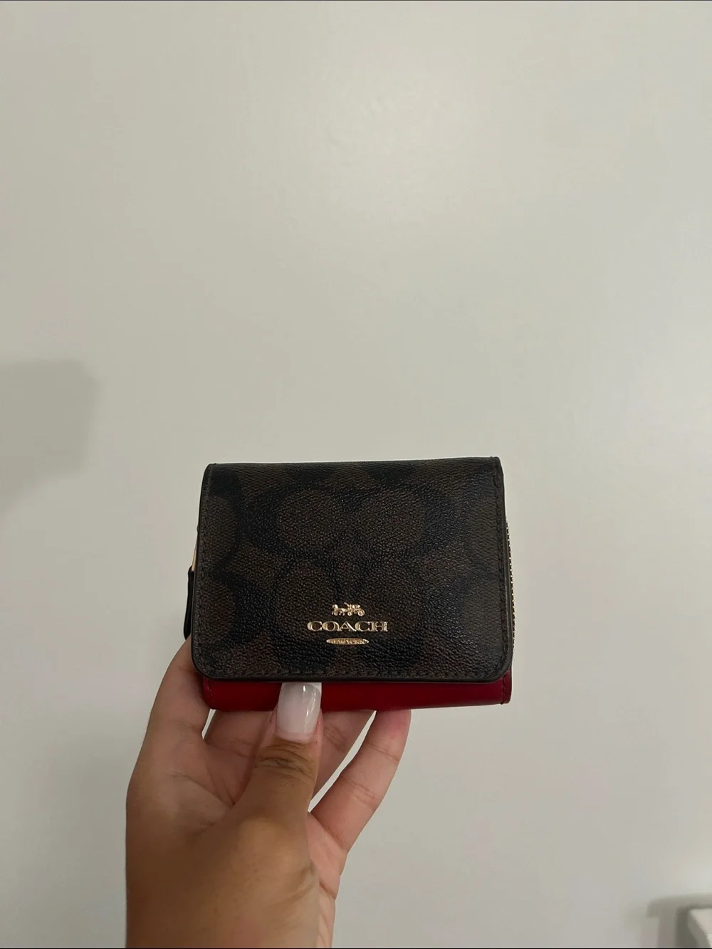 Coach Signature Canvas Trifold Wallet - Brown/Red
